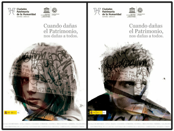 El daño al monumento se reinterpreta como un daño directo y personal a la comunidad que lo habita y lo dota de significado. La cartelería de la campaña publicitaria de 2016: “Cuando dañas el patrimonio nos dañas a todos” de Rocío Rodrigo fue galardonada con el primer puesto del concurso convocado por la Comisión de Patrimonio y Ciudad del Grupo de Ciudades Patrimonio de la Humanidad de España en colaboración con la Secretaría de Estado de Cultura. Esta propuesta refuerza la idea de que la conservación en la escena contemporánea debe, ante todo, preservar el vínculo simbólico y el sentido de pertenencia que una a la sociedad con su legado cultural.